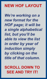 NEW HOF LAYOUT  We’re working on a new format for the  HOF page; it will be a single alphabetical list, but you’ll be  able to view the list  in order by year of  induction simply by clicking on the  title of that column.  SCROLL DOWN TO   SEE AND TRY IT!